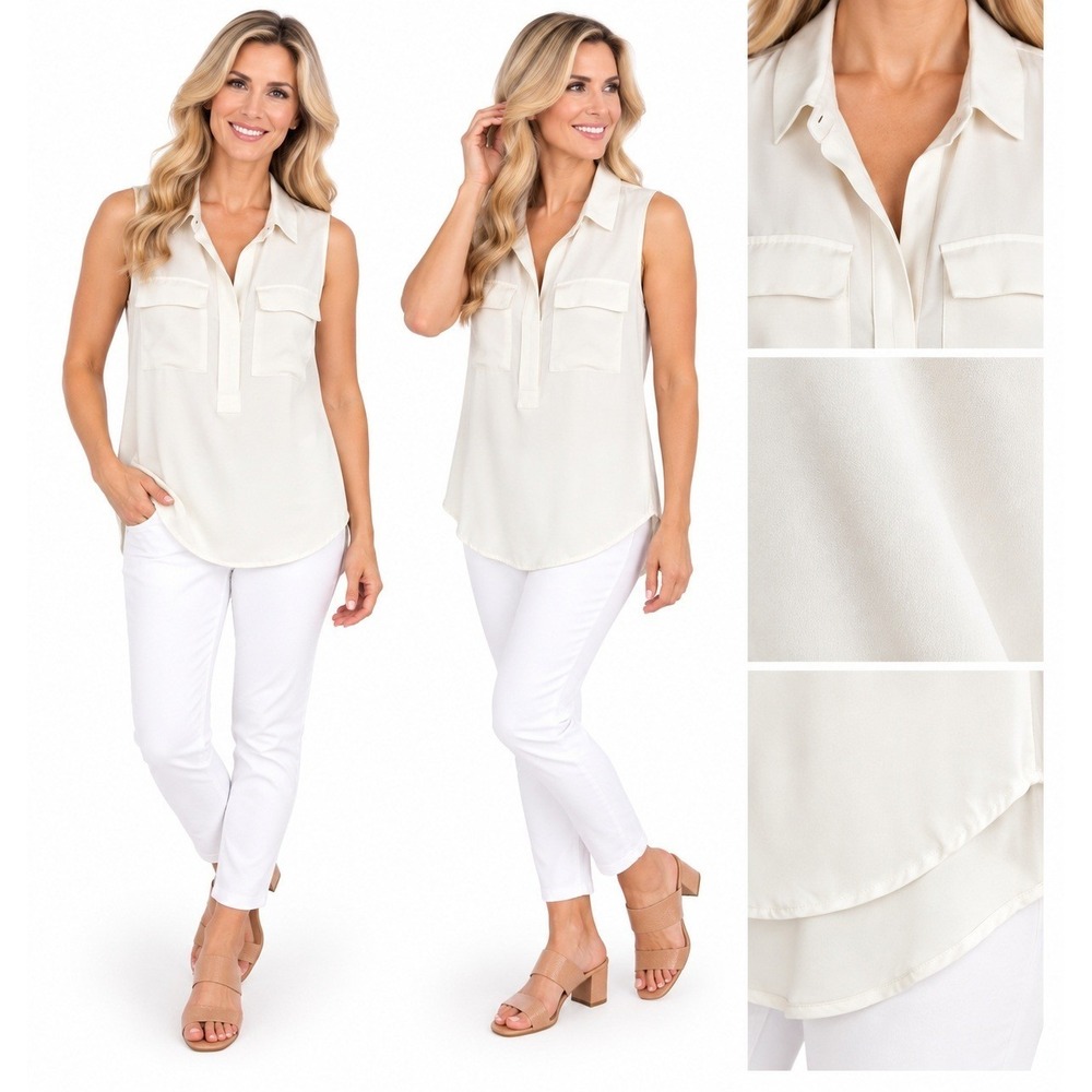 LOFT Blouse XS Ivory Sleeveless Utility Pockets Mixed Media High Low Minimalist